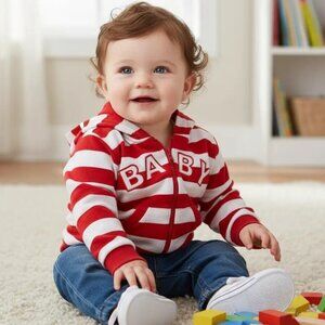 GRD Baby Girandola Zip-Up Red -White Striped Cotton Hoodie 24 Months